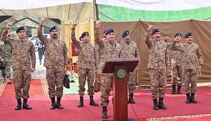 COAS General Syed Asim Munir gestures during his visit to Muzaffarabad, AJK, on February 5, 2025. — ISPR