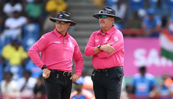 An undated picture of Richard Kettleborough (left) and Richard Illingworth looking on during an ICC Mens T20 World Cup 2024 match. — ICC