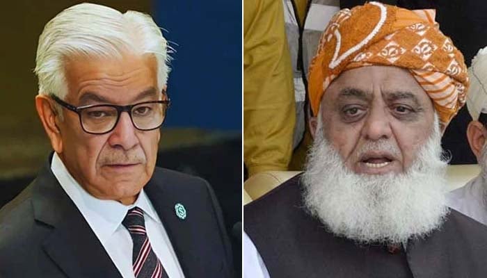 Defence Minister Khawaja Asif (left) and JUI-F chief Maulana Fazlur Rehman. — Facebook@khawajaAsifofficial/ Online