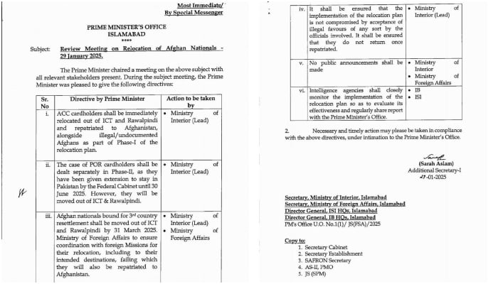 The letter issued by the Prime Ministers Office detailing the deportation of Afghan refugees.