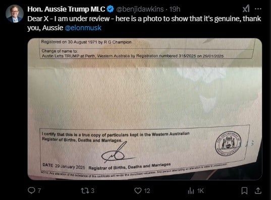 Australian state lawmaker changes name to Aussie Trump