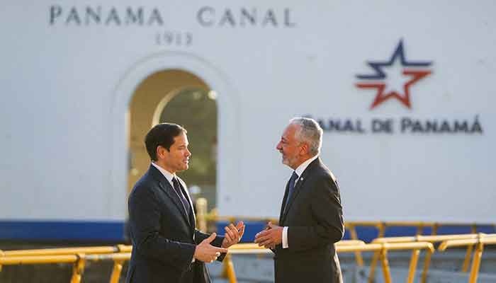 US Secretary of State Marco Rubio and Panama Canal Authority Administrator Ricaurte Vasquez talk during a tour of the Miraflores locks in Panama City, Feb 2, 2025. — Reuters