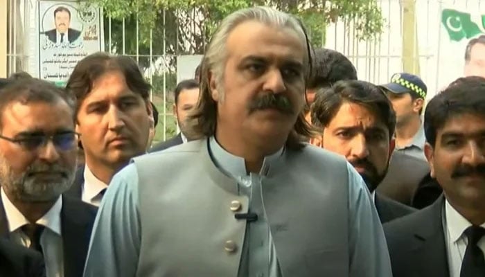 Khyber Pakhtunkhwa Chief Minister Ali Amin Gandapur addressing a presser in Peshawar on October 22, 2024. —Screengrab/ Geo News