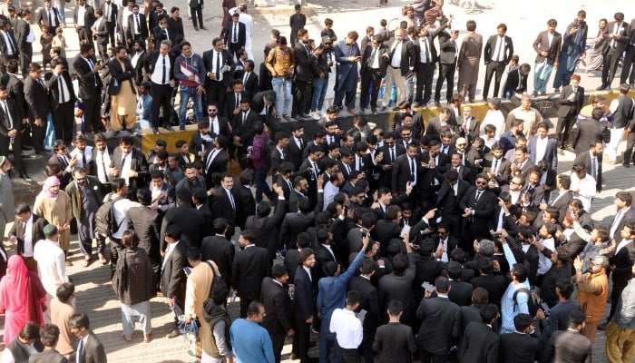 Lawyers are blocking road as they are holding demonstration at a bypass road in Hyderabad on February 6, 2025. — PPI