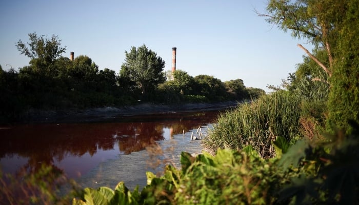 The Sarandi stream, which flows into the Rio de la Plata river, is seen dyed red for unknown reasons, in Buenos Aires, Argentina, February 6, 2025. — Reuters