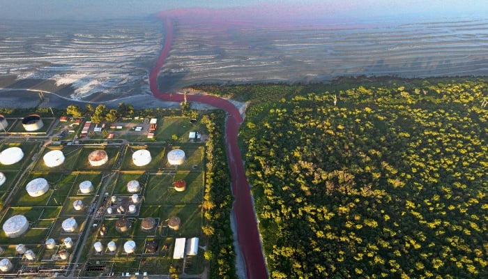 This aerial view shows an unusual reddish color display of the Channel Sarandi leaking into the Rio de la Plata River in Sarandi, Avellaneda in the outskirts of Buenos Aires on February 6, 2025. — AFP