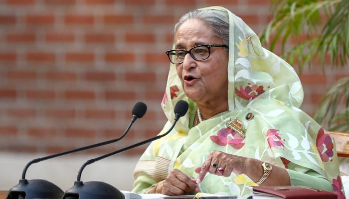 Sheikh Hasina speaks during a meeting with foreign observers and journalists at the Prime Ministers residence in Dhaka, Bangladesh, January 8, 2024. — Reuters