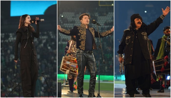 (Left to right) Renowned singers Aima Baig, Ali Zafar, and Arif Lohar enthralling the audience with musical performances during inauguration ceremony of renovated Gaddafi Stadium Lahore on February 7, 2025. — PCB