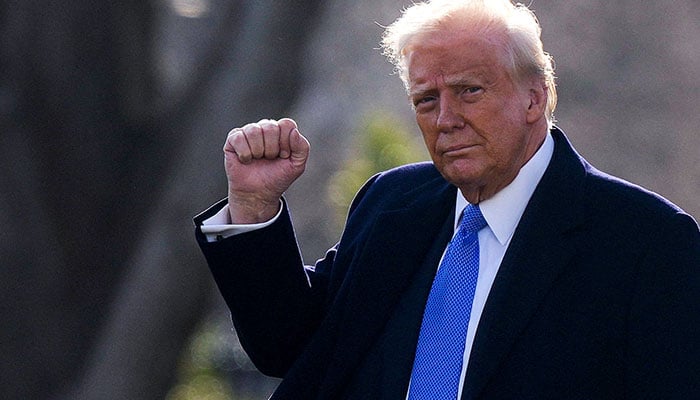 US President Donald Trump gestures as he walks to board Marine One, during his departure for Palm Beach, Florida from the South Lawn of the White House in Washington, US , February 7, 2025. —  Reuters