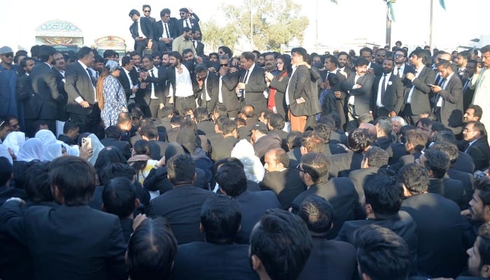 Lawyers are blocking road as they are holding demonstration at a bypass road in Hyderabad on February 7, 2025. — PPI