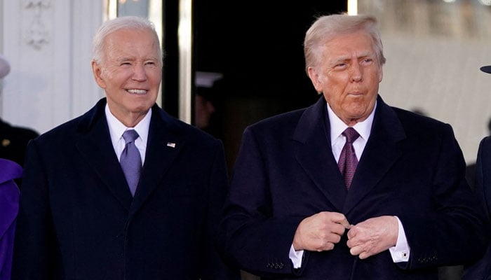 US President Donald Trump (right) and former president Joe Biden stand together at the White House on inauguration day of Donald Trumps second presidential term in Washington, US on January 20, 2025. — Reuters