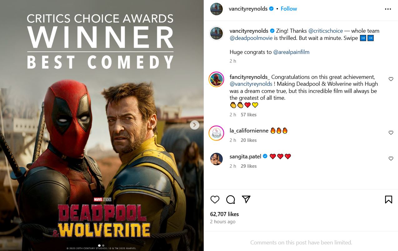 Ryan Reynolds decides to skip 2025 Critics Choice Awards despite win