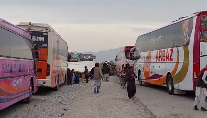 Buses parked at a stand as movement of vehicles remains suspended in the wake of protests in Balochistan in this still taken from a video. — Reporter