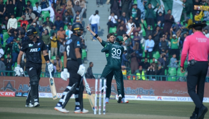 Pakistan fast bowler Shaheen Afridi celebrates after removing New Zealands Will Young in the first over of the ODI tri-nation series opening match at the Gaddafi Stadium in Lahore on February 8, 2025. — PCB