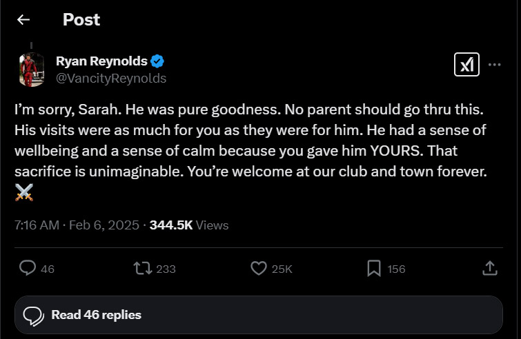 Ryan Reynolds kind gesture for 15 year old cancer fan gets highlighted