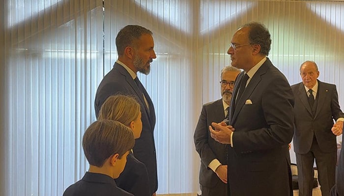 Finance Minister Senator Muhammad Aurangzeb meets Prince Rahim Aga Khan V after attending funeral of late Prince Karim al-Hussaini Aga Khan IV in Lison on February 8, 2025.