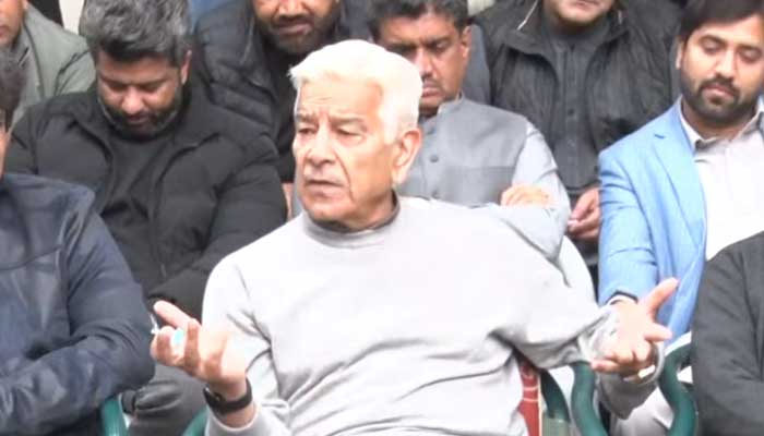 Defence Minister Khawaja Asif speaking to journalists in Sialkot, Punjab, February 8, 2025. — Screengrab via YouTube/Geo News