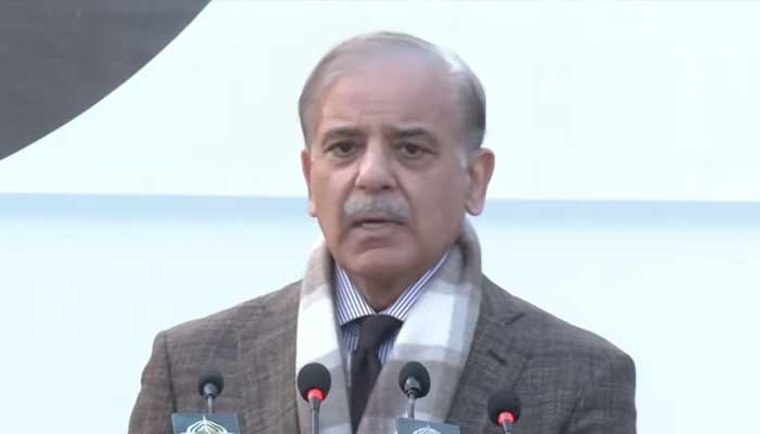 Prime Minister Shehbaz Sharif addressing ceremony related to Youm-e-Tameer-o-Taraqqi in Islamabad, February 8, 2025. — Screengrab via YouTube/Geo News