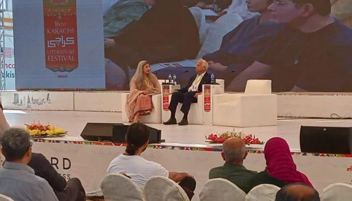 Book writer Ikram Sehgal speaks to the moderator during a session at the 16th Karachi Literature Festival, 2025, on February 8, 2025. — Image provided by KLF