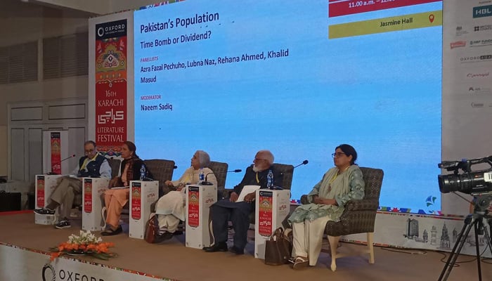 Panelists speak during a session Pakistans Population — Time Bomb or Dividend? at the 16th Karachi Literature Festival, 2025, on February 8, 2025. — Image provided by KLF