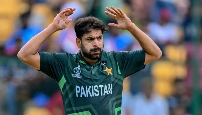 Pakistans Haris Rauf reacts after a delivery during the World Cup 2023 match between New Zealand and Pakistan at the M Chinnaswamy Stadium in Bengaluru. — AFP/File