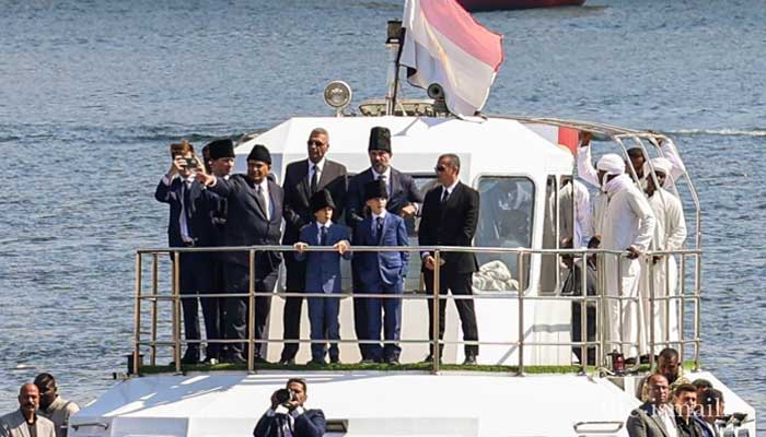 Prince Karim al-Hussaini Aga Khans casket being transferred by boat in a ceremonial crossing to the mausoleum of Mawlana Sultan Mahomed Shah in Aswa, Egypt, February 9, 2025. — Facebook/theismaili