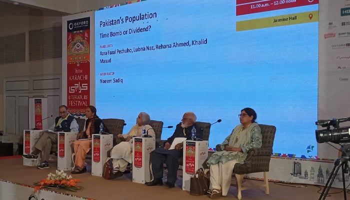 Panel discussion on Pakistan’s Population: Time Bomb or Dividend? underway during the KLF on February 9, 2025. — KLF