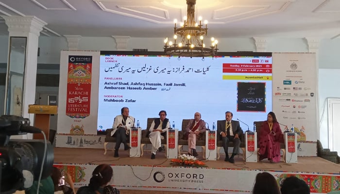 Panel discussion of book launch Kulyaat-e-Ahmed Faraz, Yeh Meri Ghazlain, Yeh Meri Nazmain underway during the KLF in Karachi on February 9, 2025. — KLF