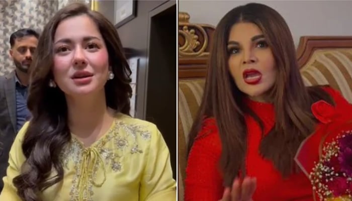 A combo of Pakistani actor Hania Aamir during a fundraiser in London (left) and Indian reality television icon Rakhi Sawant. — Screengrab/Reporter