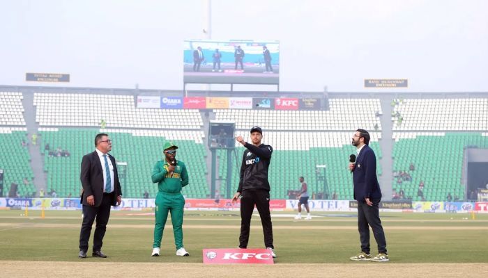 New Zealand captain Mitchell Santner (second right) and South Africa skipper Temba Bavuma (second left) at the toss on February 10, 2025. — Screengrab/ PCB