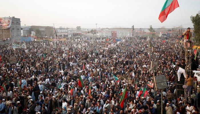 Supporters of Pakistan Tehreek-e-Insaf (PTI) gather to protest during a rally in Swabi on February 8, 2025. — Reuters