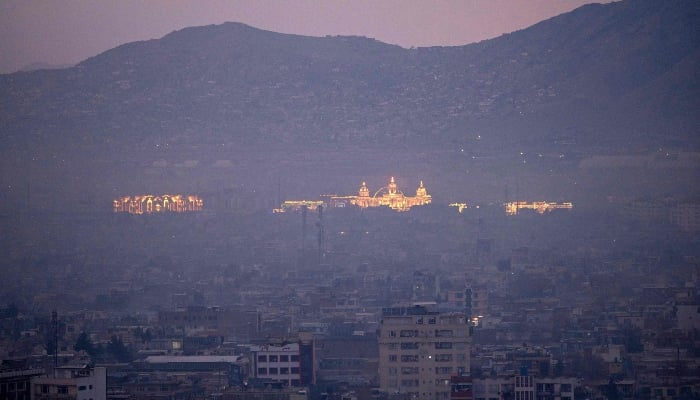 This picture taken on February 4, 2025 shows a general view of an illuminated wedding hall, at night in Kabul, Afghanistan. — AFP