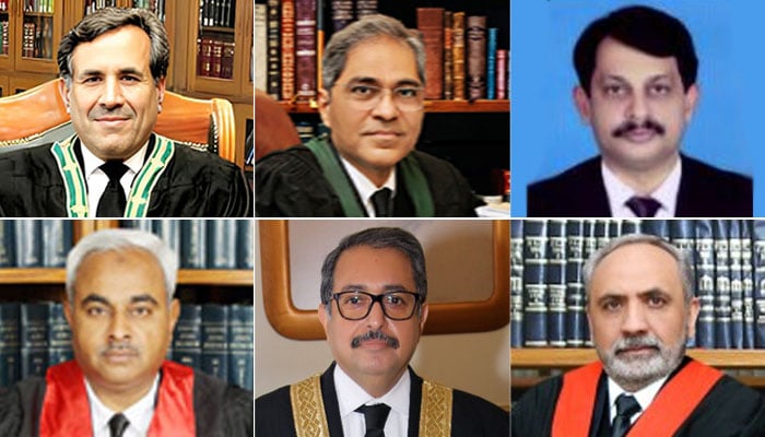 Clockwise from top left: Justice Muhammad Hashim Khan Kakar, Justice Muhammad Shafi Siddiqui, Justice Salahuddin Panhwar, Justice Ishtiaq Ibrahim, Justice Aamer Farooq and Justice Shakeel Ahmad. — BHC/LHC/SHC/IHC/file