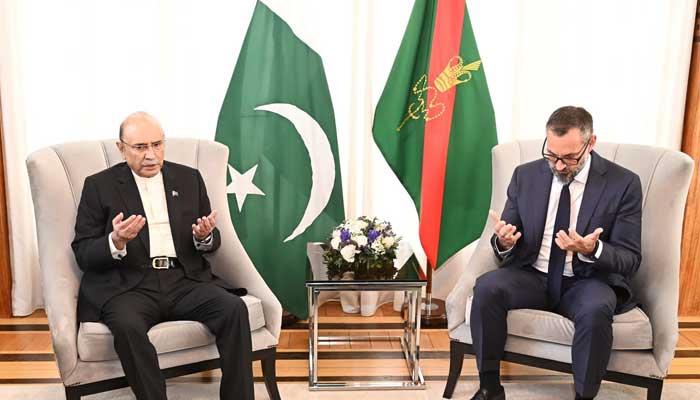 President Asif Ali Zardari (left) offering his condolences over the demise of Prince Karim Aga Khan with Prince Rahim Al-Hussaini Aga Khan, in Lisbon, on February 10, 2025. — President House