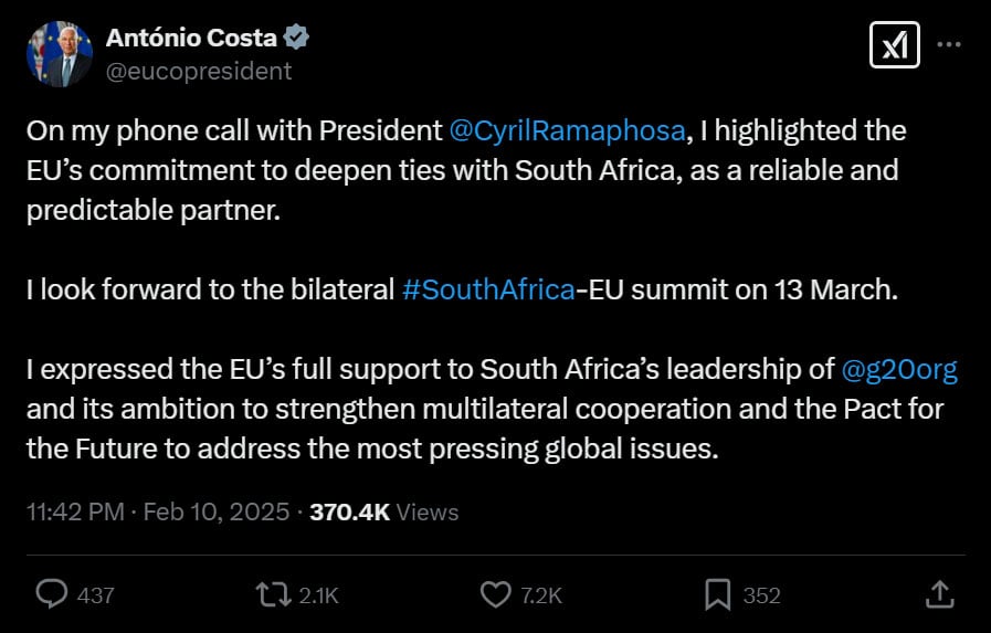 EU pledges support to South Africa ahead of G20 talks amid US tensions