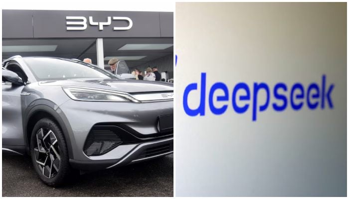 A collage showing a BYD manufactured car (left) and DeepSeek logo. — Reuters/File