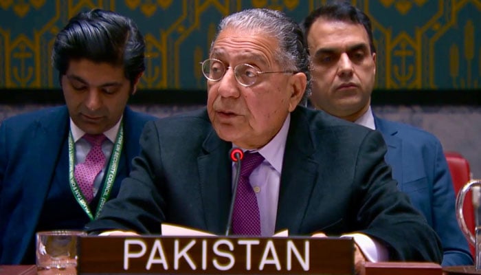 Pakistans Ambassador, Permanent Representative to UN Munir Akram speaks during a UNSC briefing in this image released on February 11, 2025. — X@PakistanUN_NY