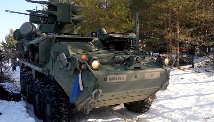 US troops prepare to fire Stinger missiles from their Stryker armoured fighting vehicle during Saber Strike military drill in Rutja, Estonia, on March 10, 2022. — Reuters