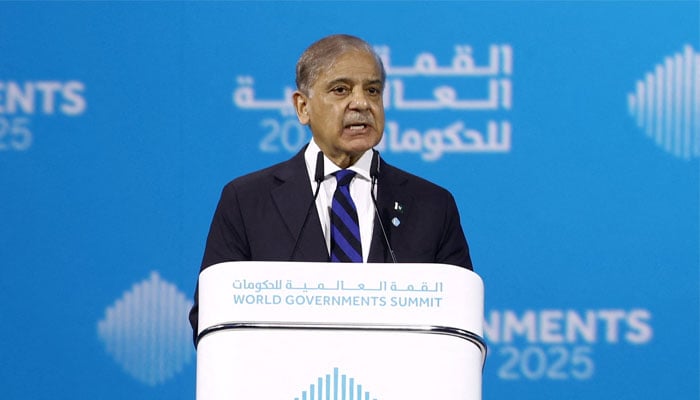 Prime Minister Shehbaz Sharif speaks during a session at the World Governments Summit in Dubai, United Arab Emirates, February 11, 2025. — Reuters