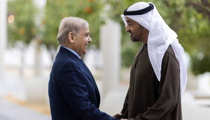 Prime Minister Shehbaz Sharif shaking hands with United Arab Emirates  President Ruler of Abu Dhabi Sheikh Mohamed bin Zayed Al Nahyan in Dubai, UAE, February 11, 2025. — APP