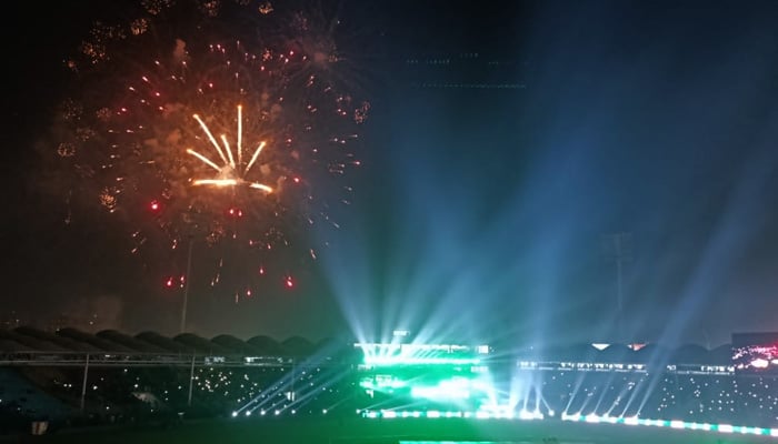 Fireworks during inauguration of newly revamped National Bank Stadium of Karachi on February 11, 2025. — PCB