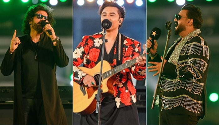 (Left to right) Renowned singers Ali Zafar, Shafqat Amanat Ali, and Sahir Ali Bagga performing during the inauguration ceremony of the newly renovated National Bank Stadium in Karachi on February 11, 2025. — Facebook/@PakistanCricketBoard