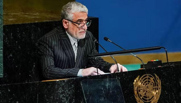 Iran’s Ambassador to the United Nations Saeed Iravani speaks to delegates before a vote on a resolution recognizing Russia must be responsible for reparation in Ukraine at the United Nations Headquarters in New York, US, November 14, 2022. — Reuters