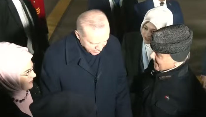 Turkish President Recep Tayyip Erdogan is received by Prime Minister Shehbaz Sharif at the Islamabad airport on February 13, 2025. — YouTube/Geo News/Screengrab