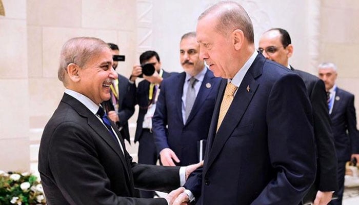 PM Shehbaz Sharif (left) shakes hands with Turkish President Recep Tayyip Erdogan. — APP/File