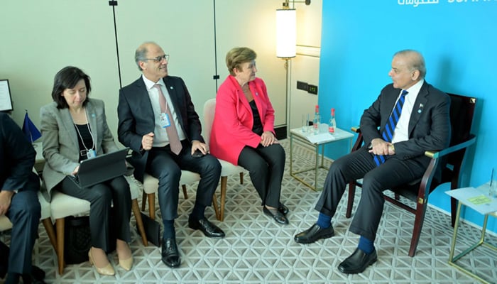 Prime Minister Shehbaz Sharif (right) is expressed to the Director General of IMF, Kristalina Georgieva (left) at a meeting in Dubai, United Arab Emirates, February 11, 2025. - Radio Pakistan