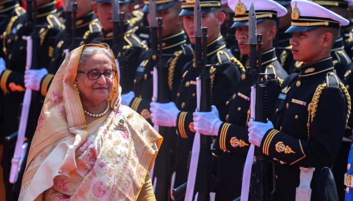 Bangladeshs former prime minister Sheikh Hasina reviews an honour guard at the Government House, during her visit to Thailand, in Bangkok, Thailand, April 26, 2024. — Reuters