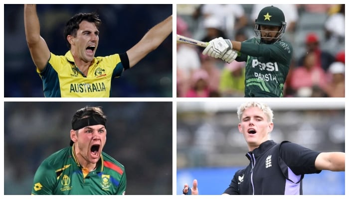 (Clockwise) Australias Pat Cummins, Pakistans Saim Ayub, South Africas Gerald Coetzee, and Englands Jacob Bethell. — Reuters/AFP/File