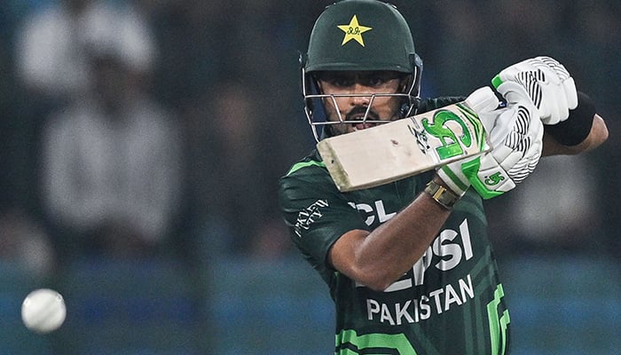 Babar Azam plays a shot during the tri-nation series third ODI match between Pakistan and South Africa at the National Stadium in Karachi on February 12, 2025. — AFP