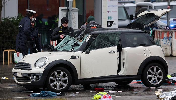 Police work at a car which drove into a crowd in Munich, Germany, February 13, 2025, injuring several people. — Reuters